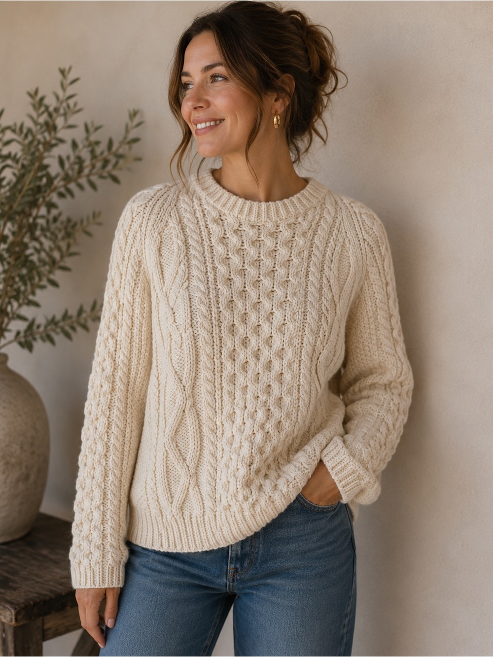 House of Tweed sz M Cozy Cream Cable Knit Sweater 100% wool great pre owned cond